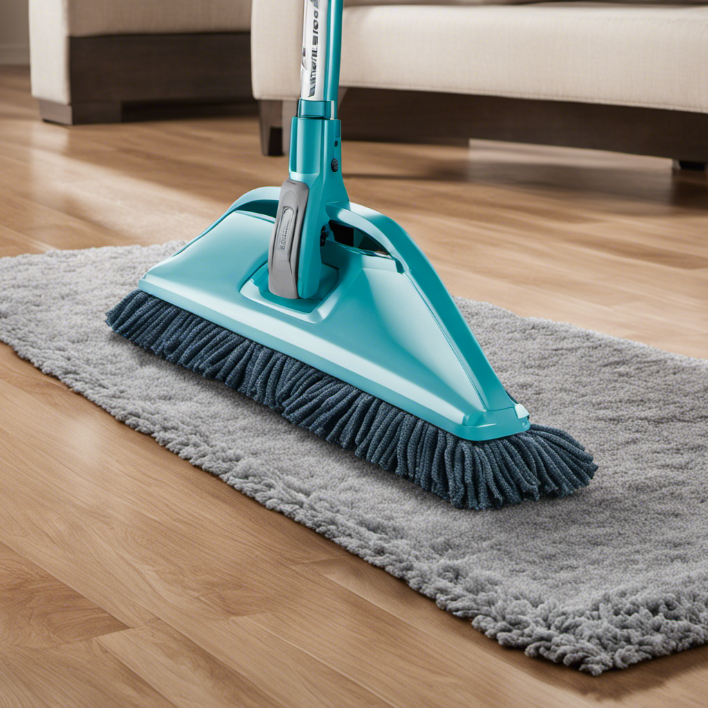 An image that showcases a pair of hands effortlessly gliding a specialized microfiber mop across a sleek laminate floor, effectively capturing and removing every strand of pet hair, leaving behind a pristine surface