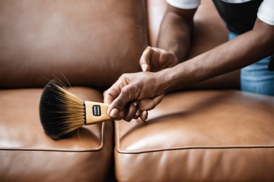 Create an image showcasing a person using a specialized leather cleaning brush to gently remove stubborn pet hair from a luxurious leather sofa