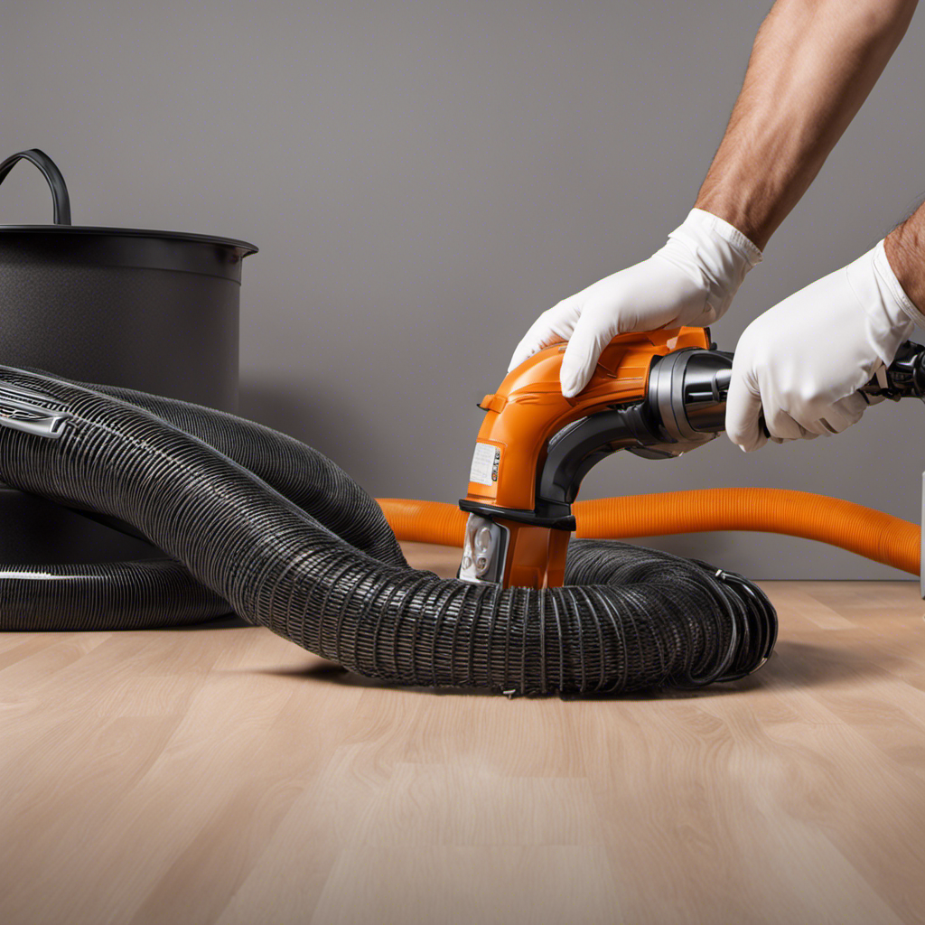 An image showcasing a pair of gloved hands gripping a vacuum hose, deftly maneuvering it over a pet cage with loose hair scattered across the floor