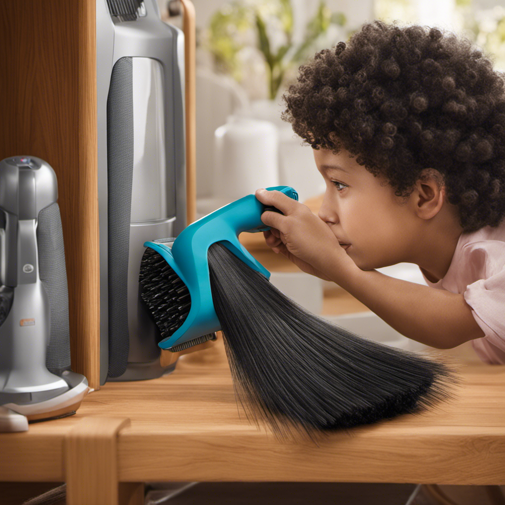 An image showing a person removing a tangled clump of pet hair from the bristles of a vacuum brush