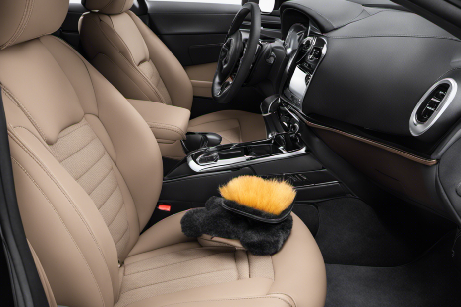 An image showcasing a pair of gloved hands using a vacuum cleaner with a specific attachment to meticulously remove pet hair from the crevices and fabric of a car seat, leaving it spotless and fur-free