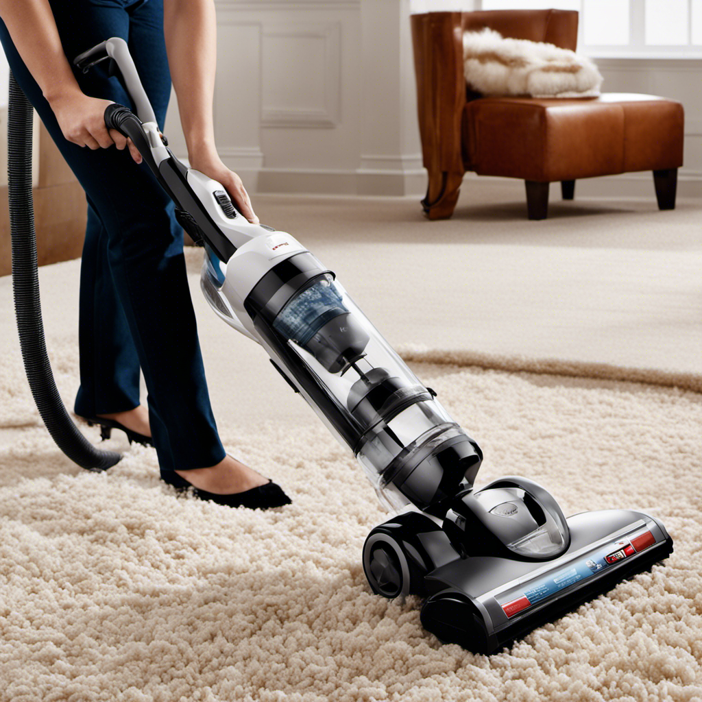An image showcasing a person using a high-powered vacuum cleaner equipped with a pet hair attachment, effortlessly removing clumps of fur from a plush carpet