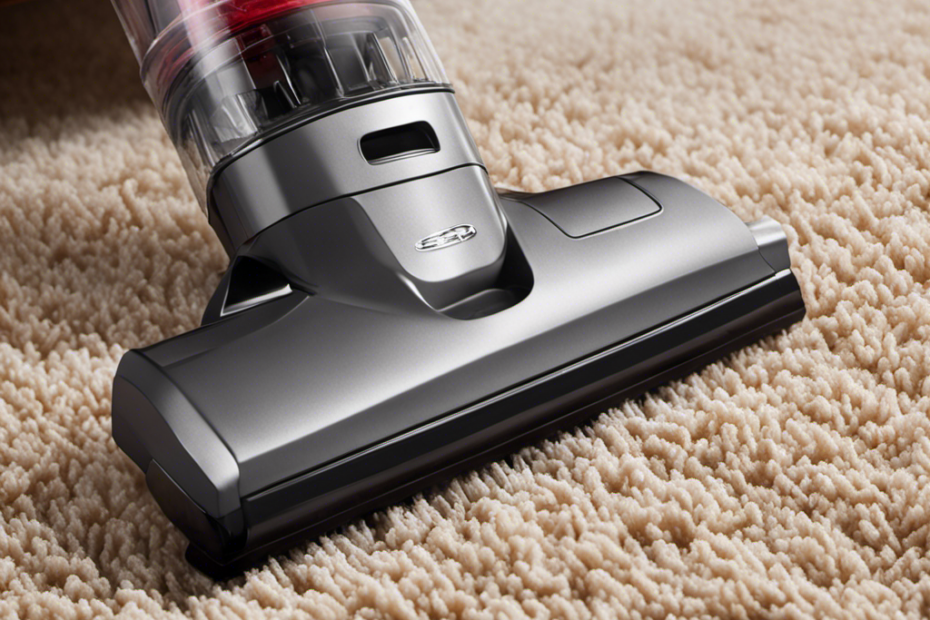 An image showcasing a close-up of a vacuum cleaner nozzle gliding effortlessly over a plush carpet, capturing and removing stubborn pet hair