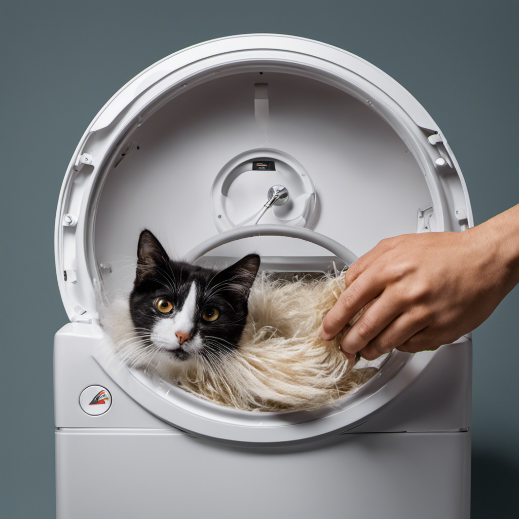 An image showcasing a person opening the lid of a clothes washer filled with pet hair-covered clothes