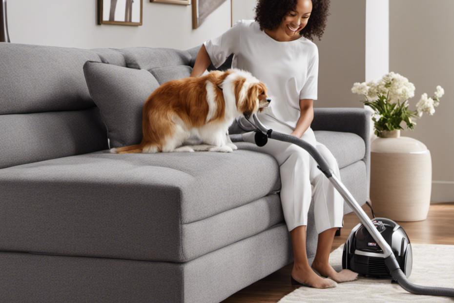 An image showcasing a person using a vacuum cleaner equipped with a specialized pet hair attachment, meticulously removing layers of fluffy pet hair from a plush couch, leaving it pristine and fur-free