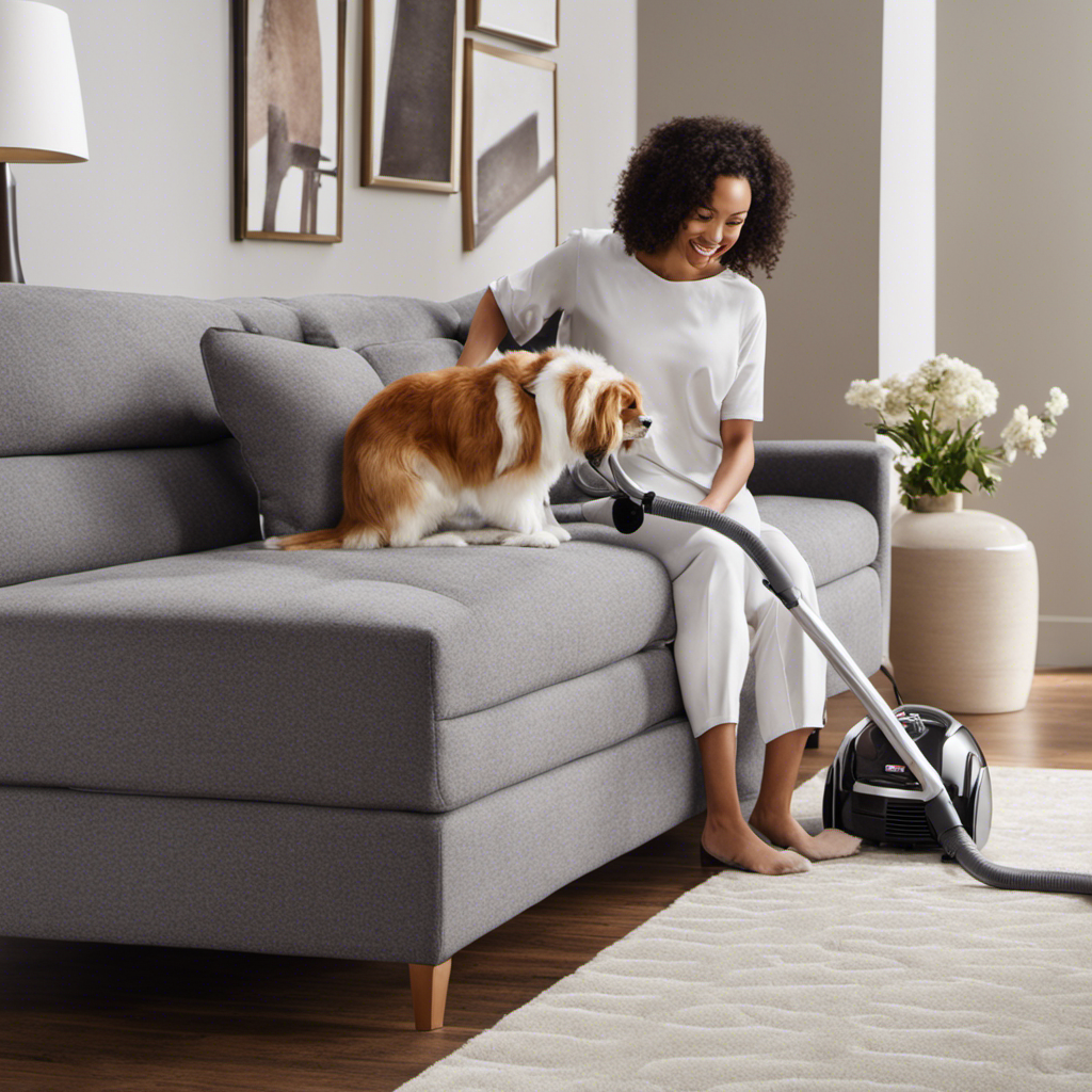 An image showcasing a person using a vacuum cleaner equipped with a specialized pet hair attachment, meticulously removing layers of fluffy pet hair from a plush couch, leaving it pristine and fur-free