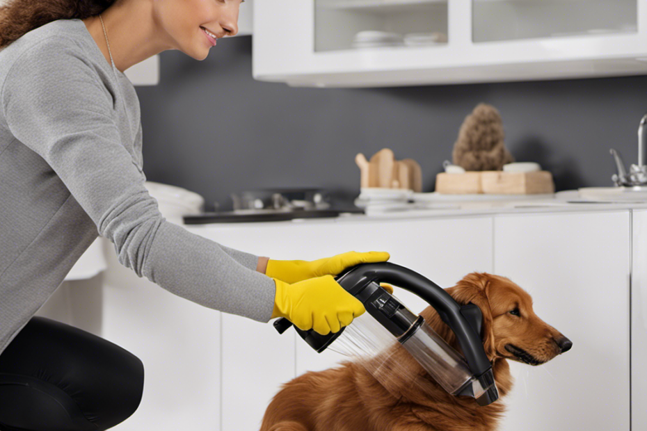 An image showcasing a person wearing gloves and using a vacuum with a long nozzle to meticulously remove layers of pesky pet hair from the hot water heater, revealing its gleaming surface underneath