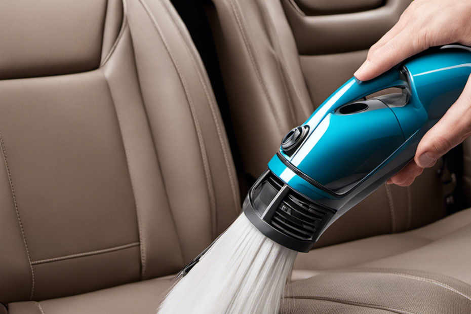 An image showcasing a hand-held vacuum cleaner with specialized pet hair attachments, removing stubborn pet fur from car upholstery