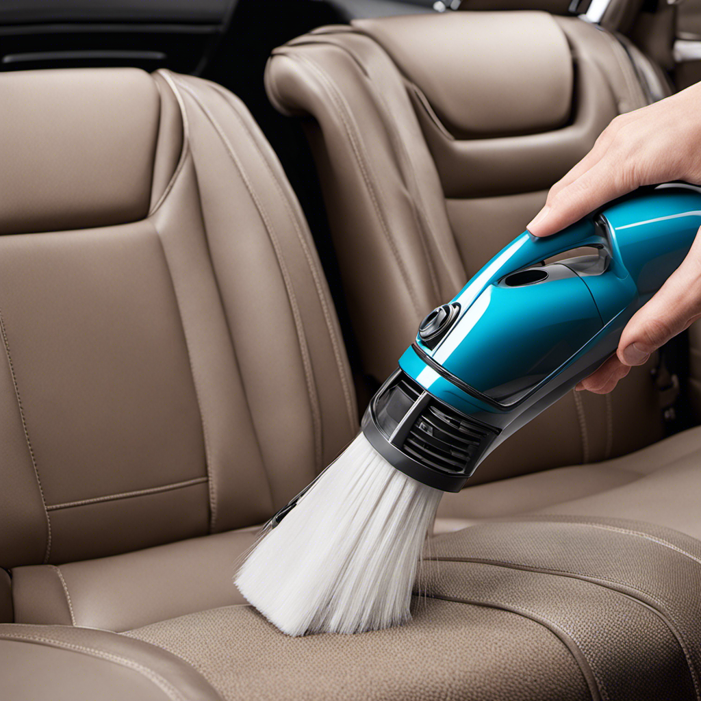 An image showcasing a hand-held vacuum cleaner with specialized pet hair attachments, removing stubborn pet fur from car upholstery
