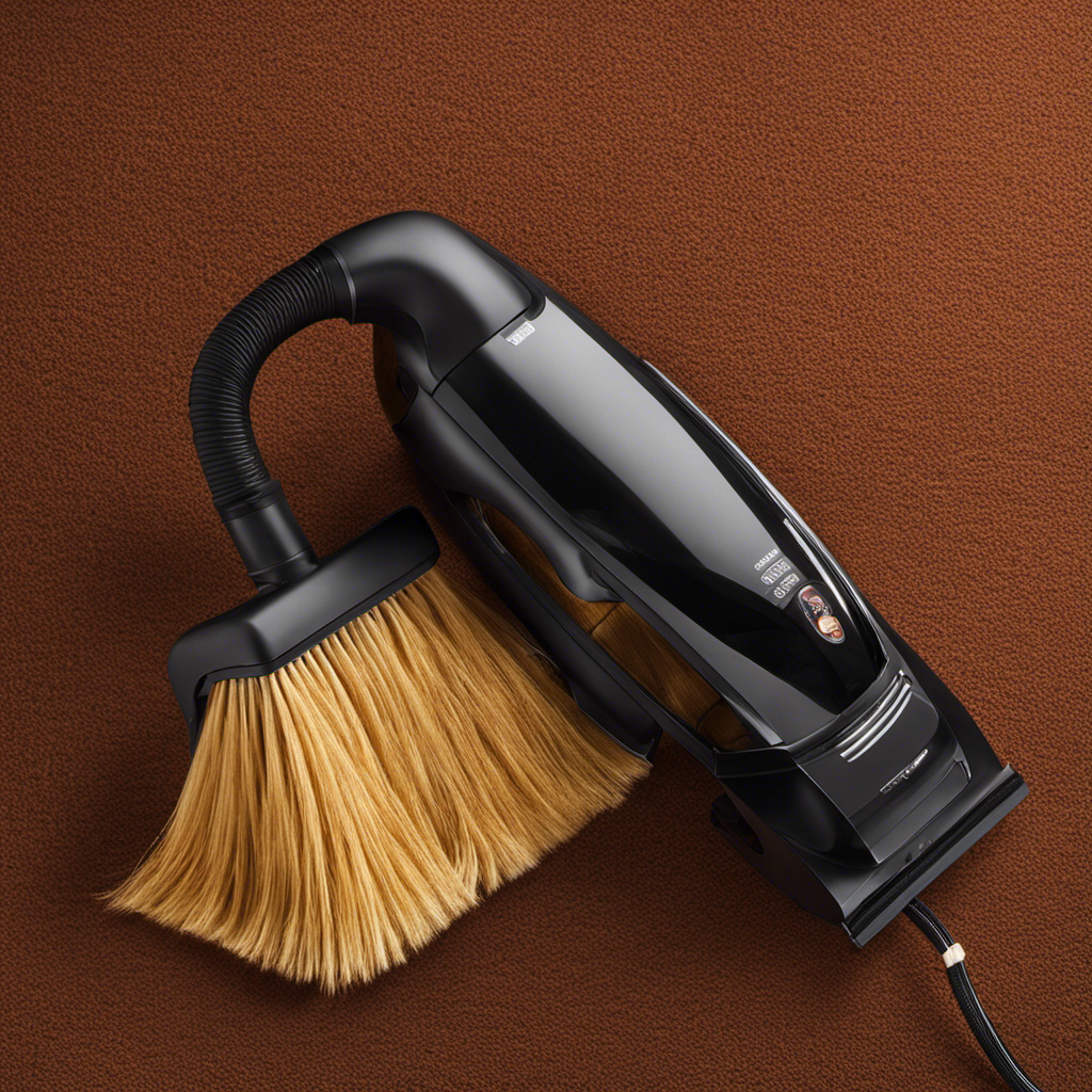 An image showcasing a vacuum cleaner's brush roll clogged with pet hair, tangled around its bristles