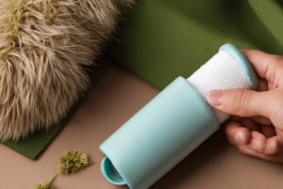An image showcasing a pair of hands holding a lint roller covered in pet hair, gently rolling it across a Velcro surface