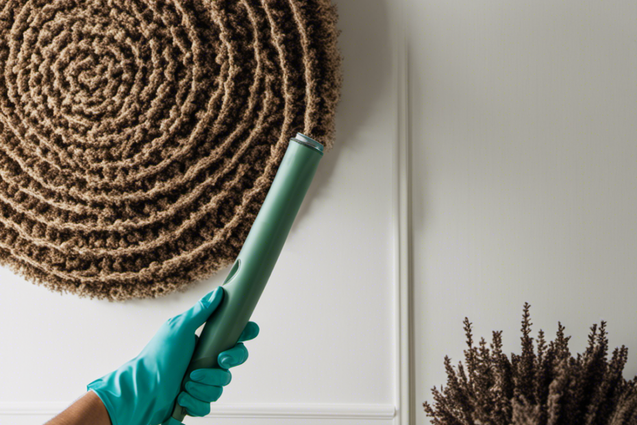 An image that showcases a person wearing rubber gloves and using a lint roller to meticulously remove pet hair from a textured wall