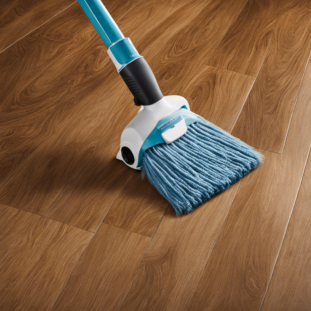 An image capturing the essence of a well-maintained wood floor: a close-up shot of a sleek, polished surface adorned with swirling pet hair that's being effortlessly swept away by a high-quality microfiber mop
