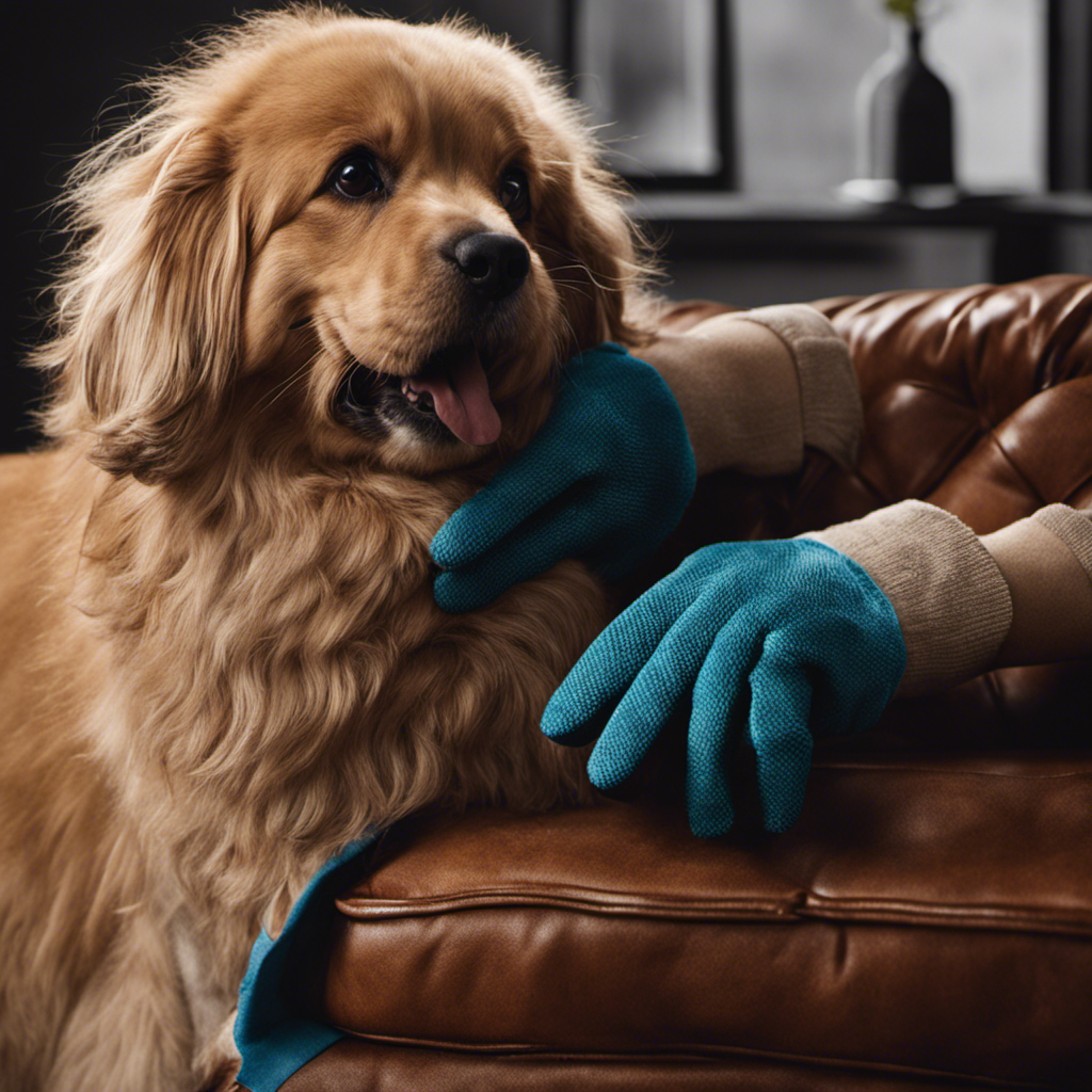 An image showcasing a person wearing a pet hair glove, effortlessly removing a myriad of fur from furniture, clothes, and carpets