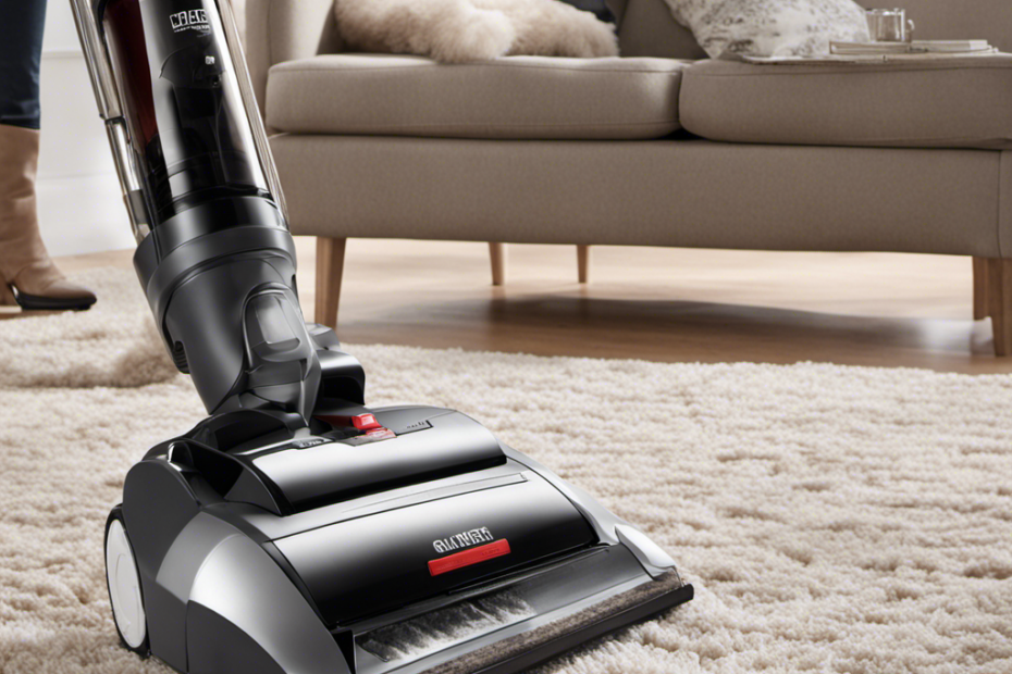 An image that showcases a person using a high-powered vacuum cleaner with rotating brushes to effortlessly remove stubborn pet hair from a plush carpet, leaving it flawlessly clean and fur-free