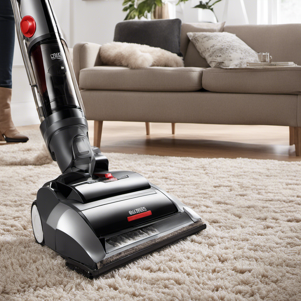 An image that showcases a person using a high-powered vacuum cleaner with rotating brushes to effortlessly remove stubborn pet hair from a plush carpet, leaving it flawlessly clean and fur-free