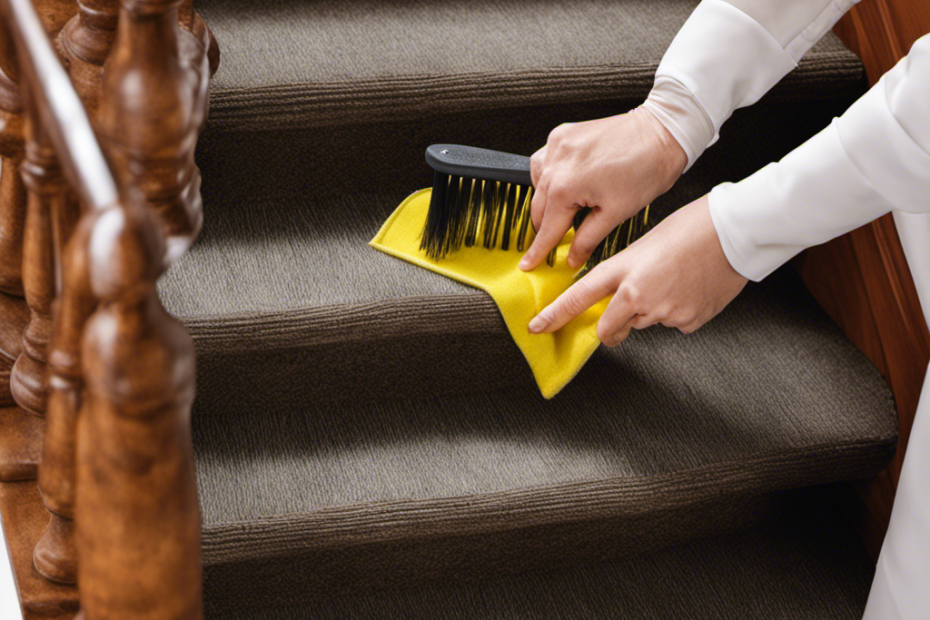 An image showcasing a pair of gloved hands using a rubber bristle brush to gently sweep away stubborn pet hair from the textured fibers of carpeted stairs