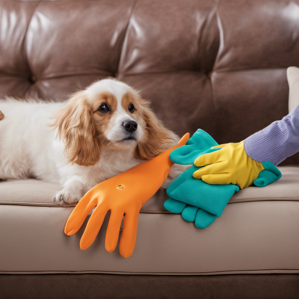 An image of a hand wearing a rubber glove gently gliding over a plush couch, effortlessly removing every strand of pet hair