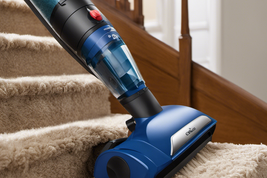 An image showing a person using a handheld vacuum with a brush attachment to meticulously remove pet hair from each step of a carpeted staircase, leaving the stairs clean and hair-free