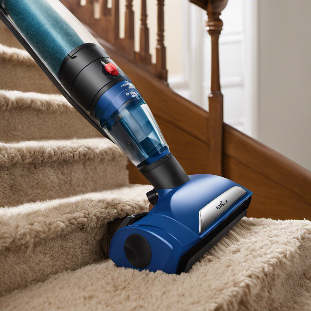 An image showing a person using a handheld vacuum with a brush attachment to meticulously remove pet hair from each step of a carpeted staircase, leaving the stairs clean and hair-free