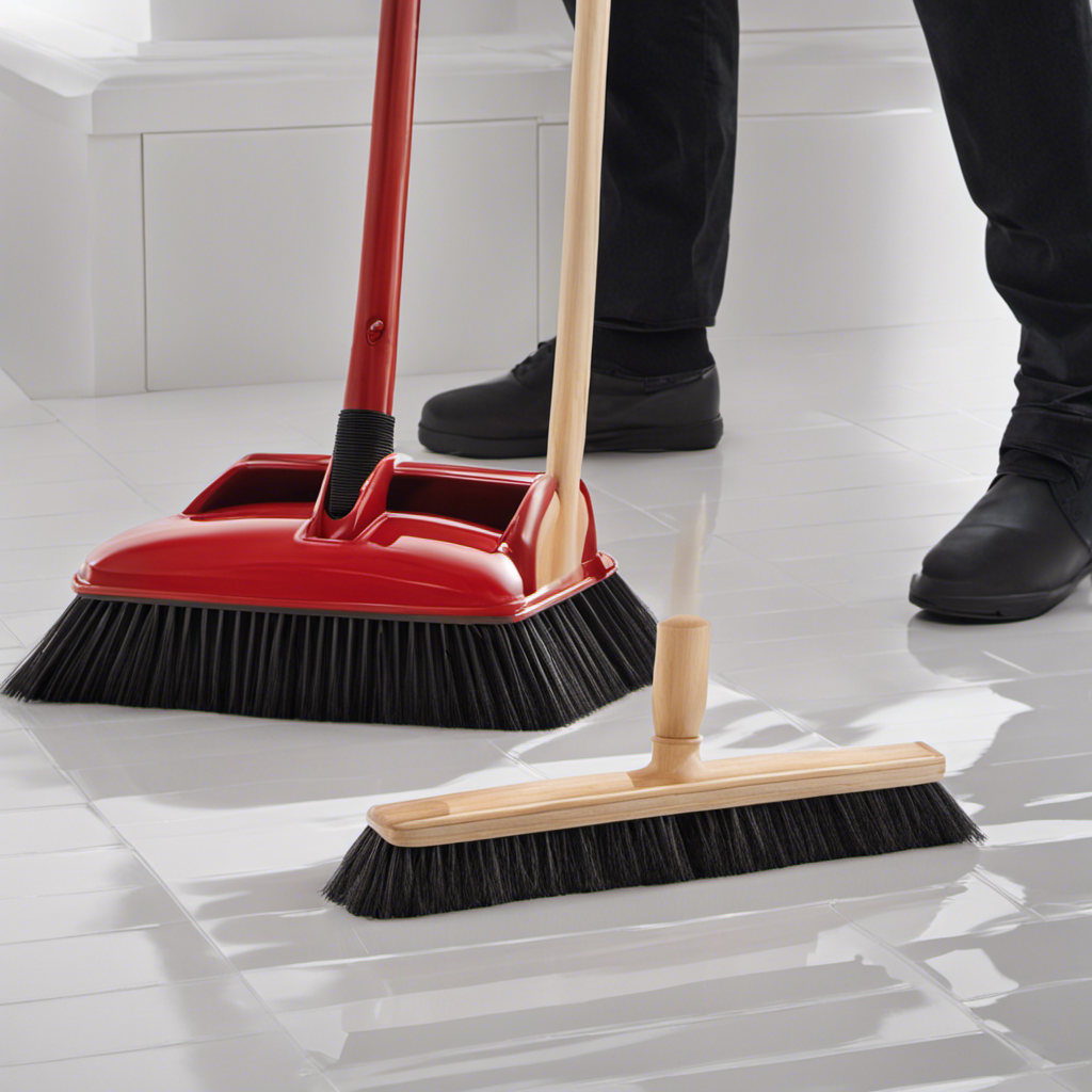 An image capturing a person using a rubber broom with thick, flexible bristles to sweep up pet hair from a glossy white tile floor