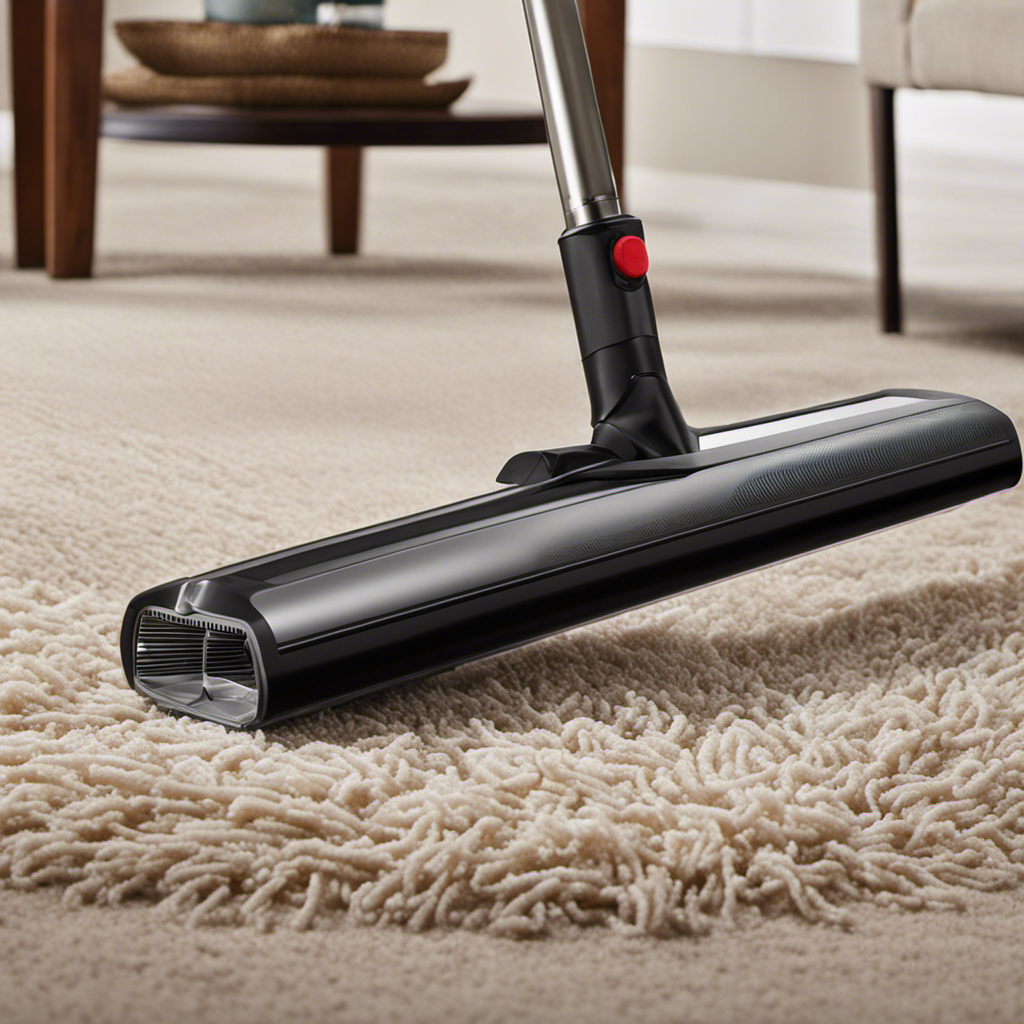 An image capturing the process of removing pet hair from carpet: a handheld vacuum gliding over dense fibers, extracting tufts of fur, while a lint roller picks up stray strands in the background