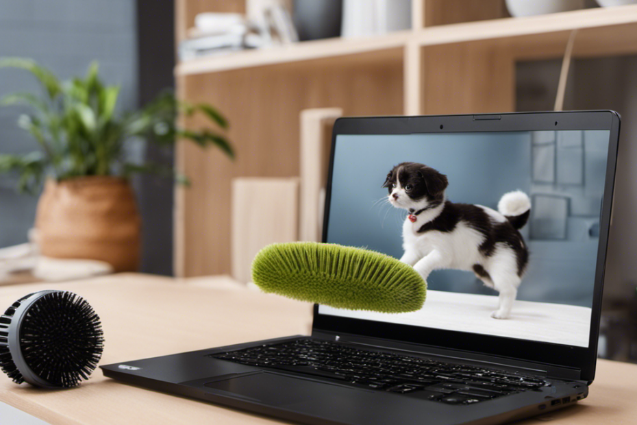 An image showcasing a person using an anti-static brush to gently remove clumps of pet hair from the vents and keyboard of a laptop, with a vacuum cleaner nearby for additional cleaning
