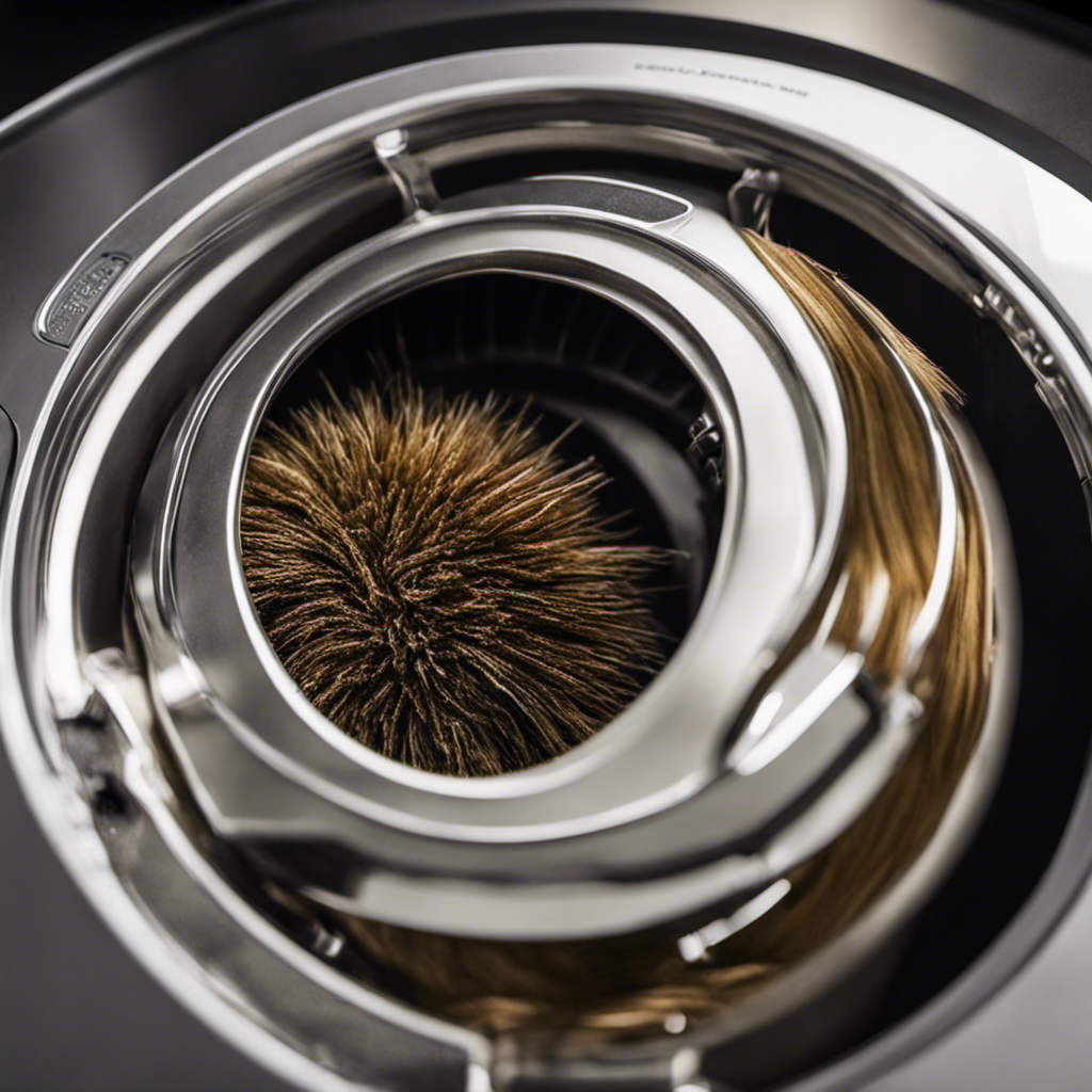 An image showcasing a close-up view of a washing machine drum filled with pet hair clumps, lint, and fur stuck to the sides
