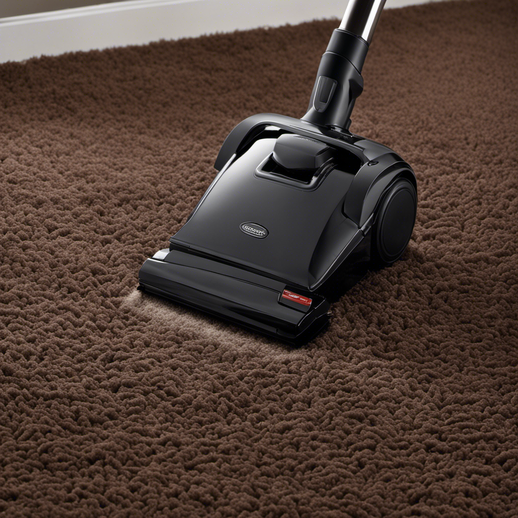 An image of a hand-held vacuum cleaner gliding over a plush, dark-colored carpet, effortlessly sucking up tufts of pet hair