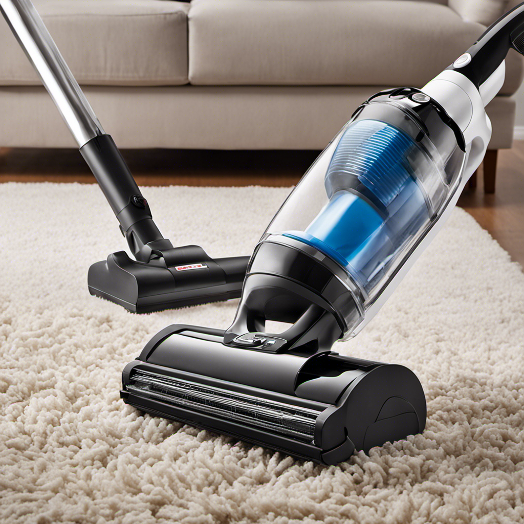 An image showcasing a hand-held vacuum cleaner with a rotating brush, effortlessly removing pet hair from a thick, shaggy carpet