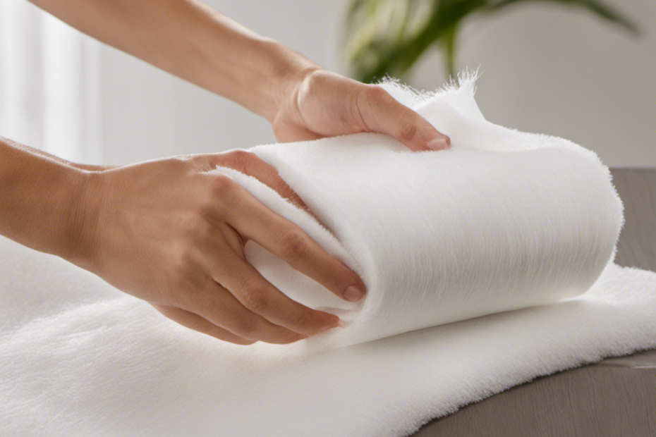 An image showcasing a hand holding a dryer sheet, gently gliding it over a furry surface
