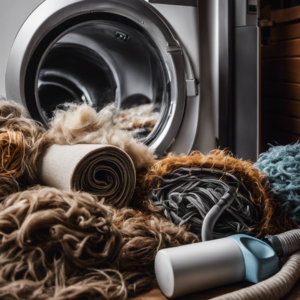 -up image of a pile of used rags covered in pet hair, sitting next to a lint roller, a vacuum cleaner, and a washing machine