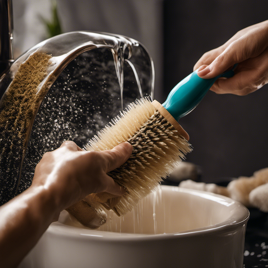 An image showcasing a pair of gloved hands gently scrubbing a rubber pet hair brush under running water, with loose pet hair and soap suds being rinsed away, leaving the brush pristine and ready for use