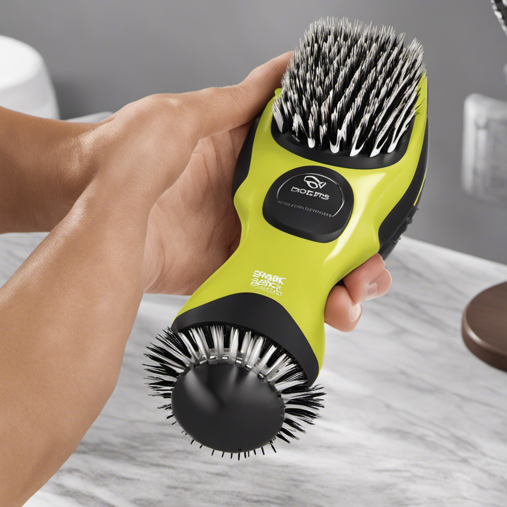 An image showcasing a hand meticulously removing tangled shark pet hair from the power brush bristles