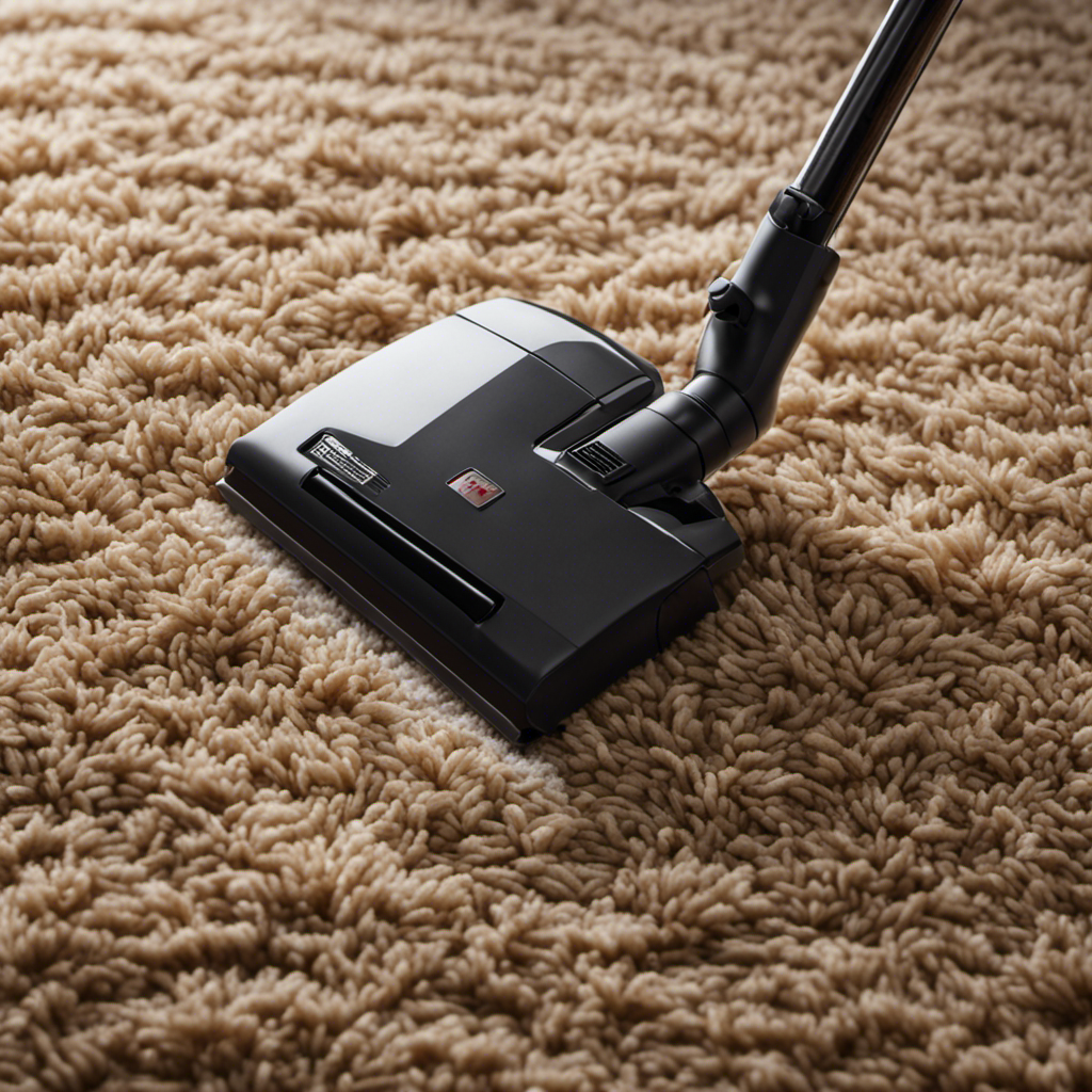 An image showcasing a hand holding a vacuum cleaner, gliding effortlessly over a plush carpet