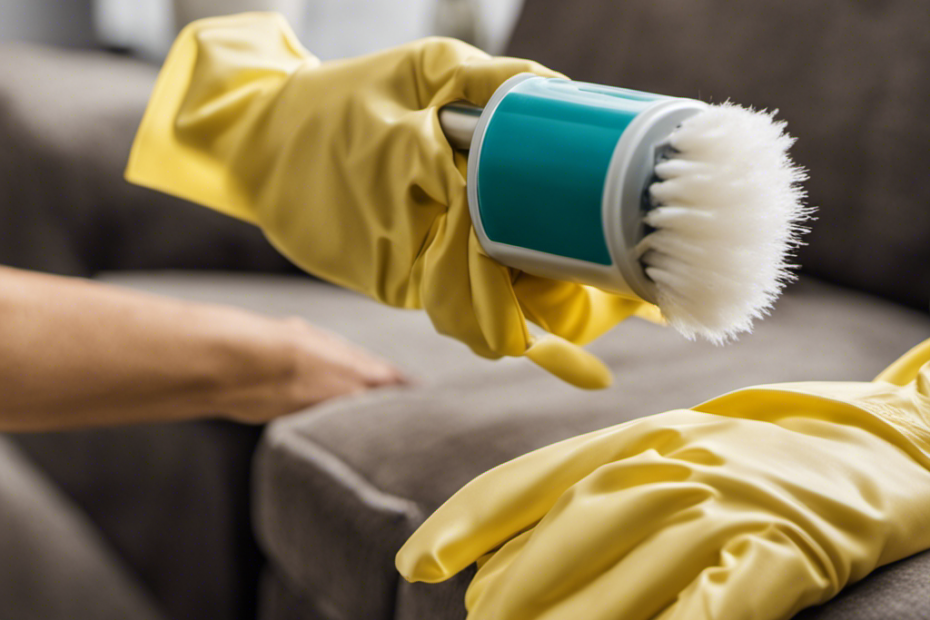 An image showcasing a pair of hands wearing rubber gloves, meticulously removing clumps of pet hair from a plush couch using a lint roller
