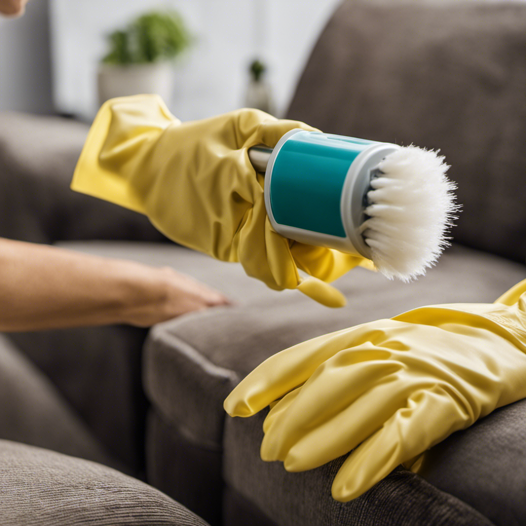 An image showcasing a pair of hands wearing rubber gloves, meticulously removing clumps of pet hair from a plush couch using a lint roller