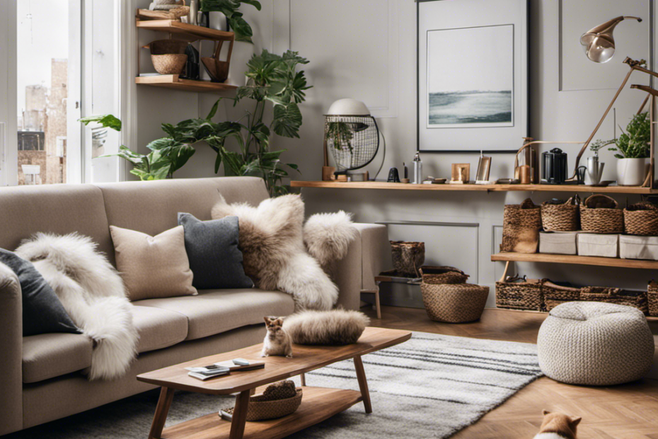 An image showcasing a neatly organized living room with a vacuum cleaner and a pet brush on a shelf, a lint roller and a pet bed nearby, all surrounded by clean and fur-free furniture