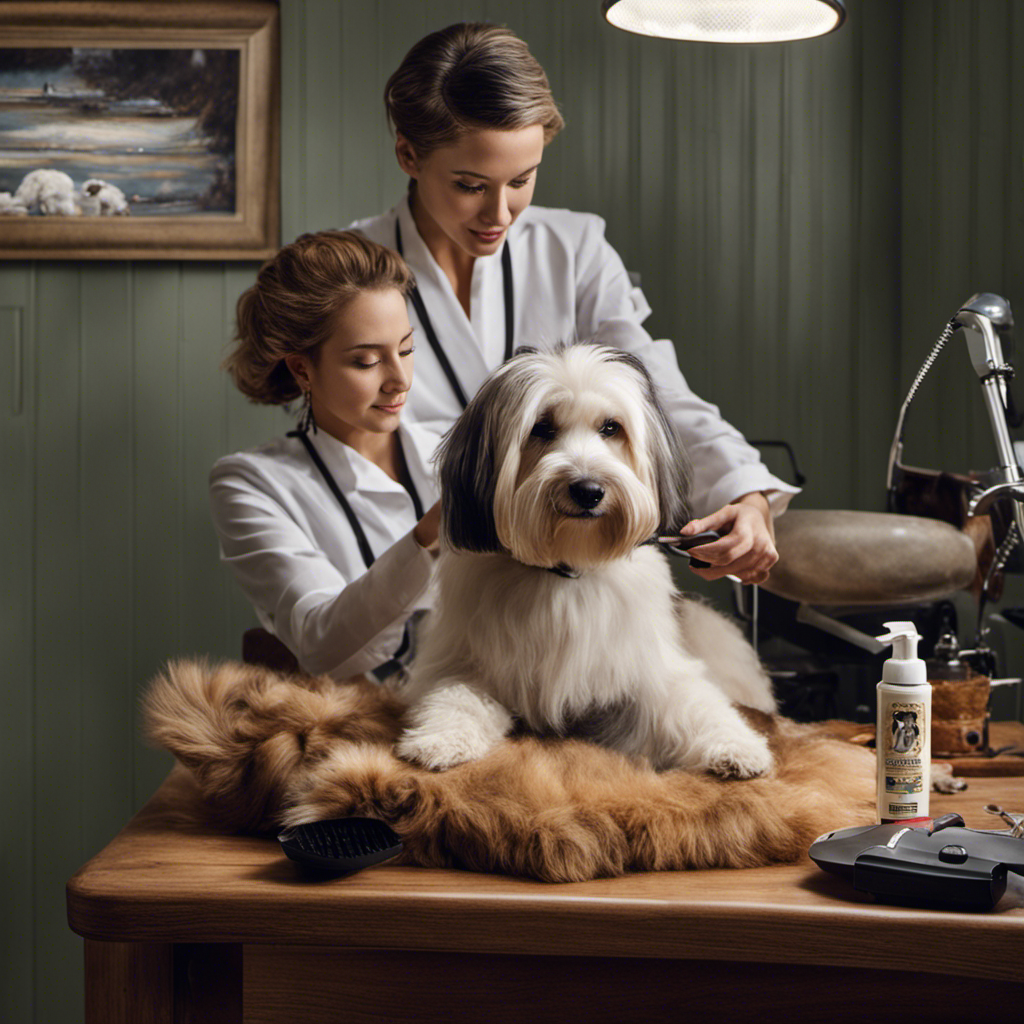An image showcasing a dog sitting on a grooming table, with a person gently holding a buzzing pet clipper in one hand, carefully trimming the dog's fluffy fur