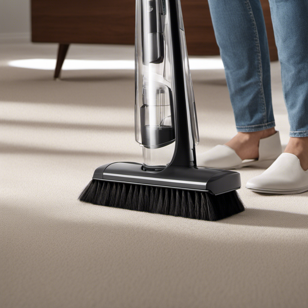 An image capturing a person sweeping with a broom, while a small vacuum cleaner attached to the broom's handle collects pet hair