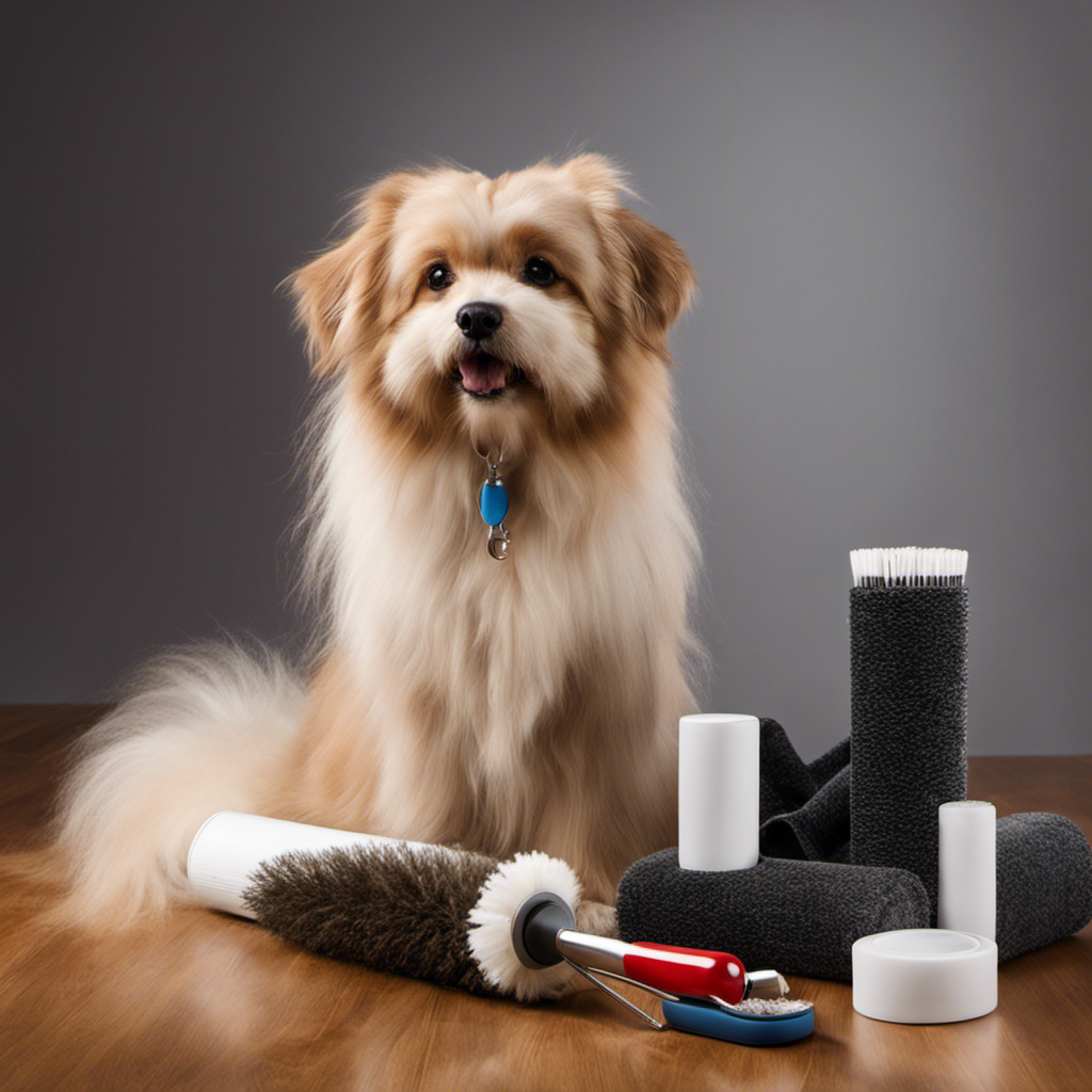 An image that showcases a well-groomed pet sitting on a lint roller surrounded by a pile of collected hair