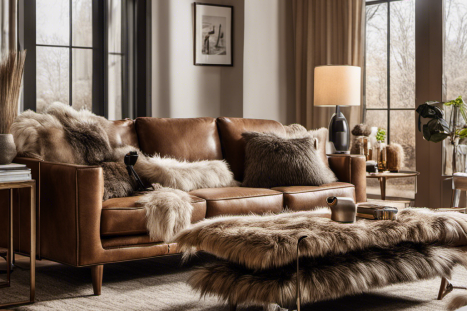 An image capturing a cozy living room with a plush sofa covered in pet hair