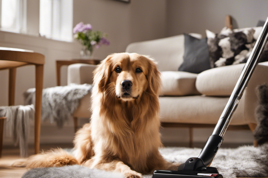 An image showing a well-groomed pet with a soft brush, surrounded by a vacuum cleaner, lint roller, and a pile of fur