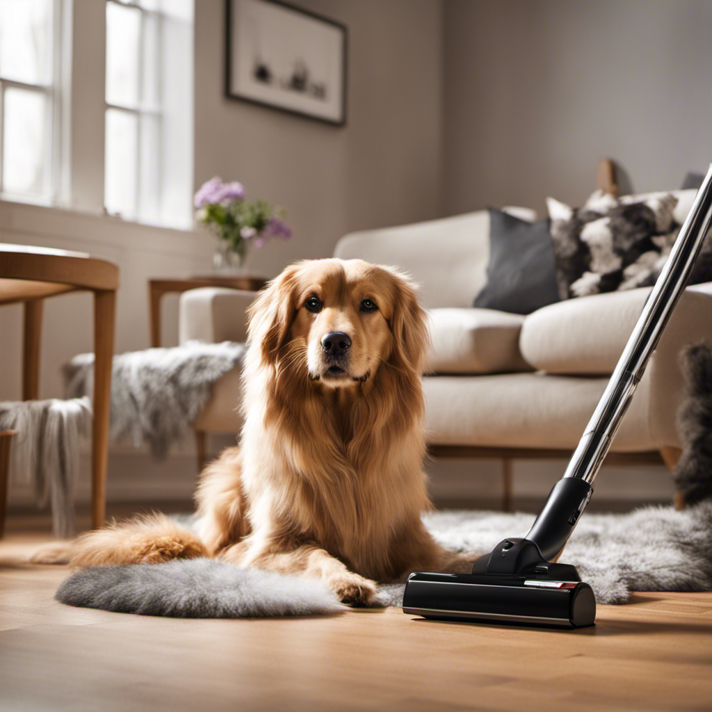 An image showing a well-groomed pet with a soft brush, surrounded by a vacuum cleaner, lint roller, and a pile of fur