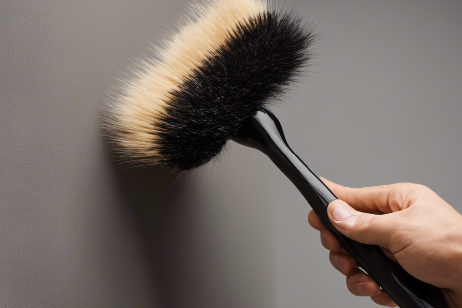 An image showcasing a person using a long-handled duster to gently glide over a wall covered in various types of pet hair, capturing the fine strands in the bristles