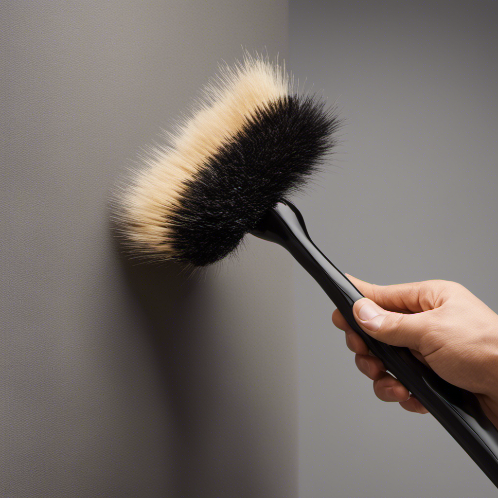 An image showcasing a person using a long-handled duster to gently glide over a wall covered in various types of pet hair, capturing the fine strands in the bristles