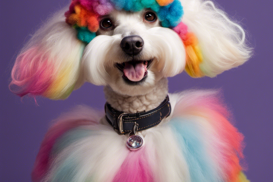 An image showcasing a skilled groomer, gently applying vibrant, pet-safe dye to a fluffy white poodle's coat