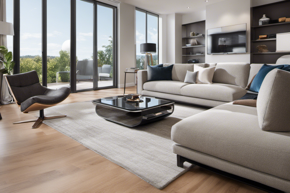 An image capturing a sleek, modern living room with sparkling hardwood floors and pristine furniture