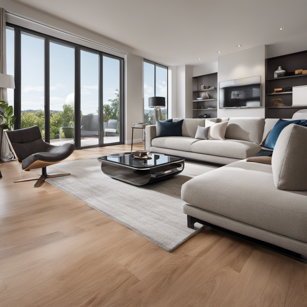 An image capturing a sleek, modern living room with sparkling hardwood floors and pristine furniture