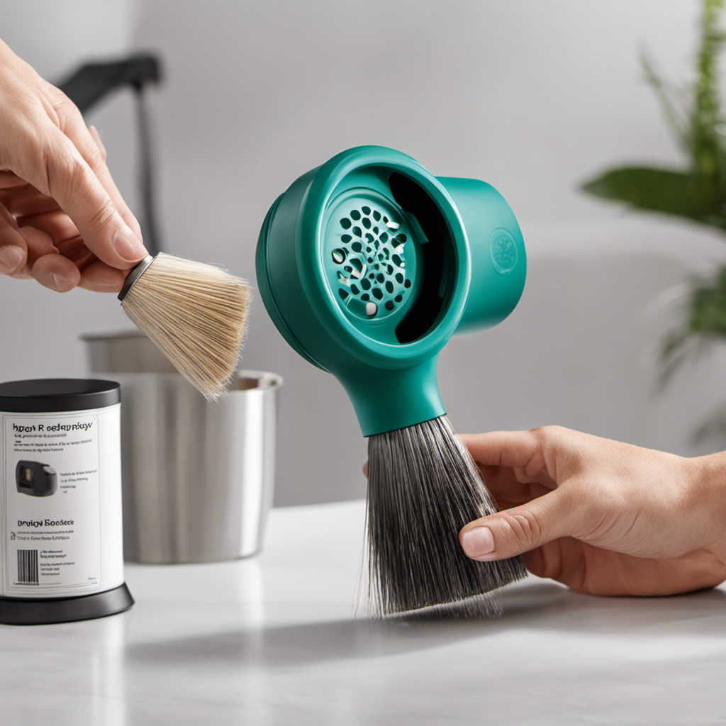 An image capturing the process of emptying a Pledge Pet Hair Remover: a person holding the device, removing its cap, and delicately shaking out the accumulated pet hair into a waste bin